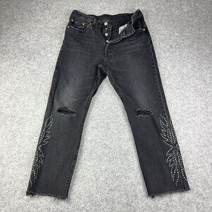 Levis Premium 501 Jeans Womens 29 Faded Black Distressed Studded Crop Big E Rock